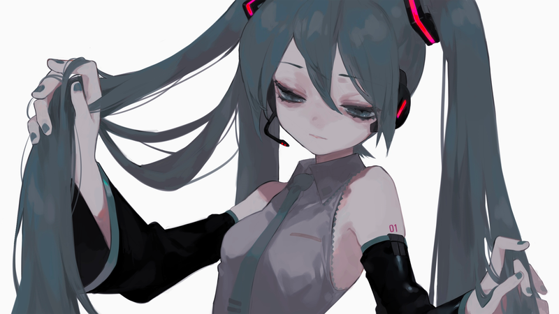 anime, manga, anime girls, simple background, minimalism, gloomy, Hatsune Miku, Vocaloid, turquoise hair, holding hair, hair pulling