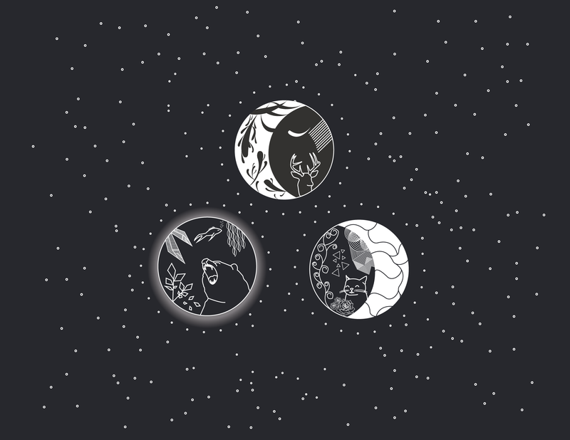 Moon, cat eyes, bears, deer, stars, abstract, fish, lines, pattern, rose, moon rays, flowers