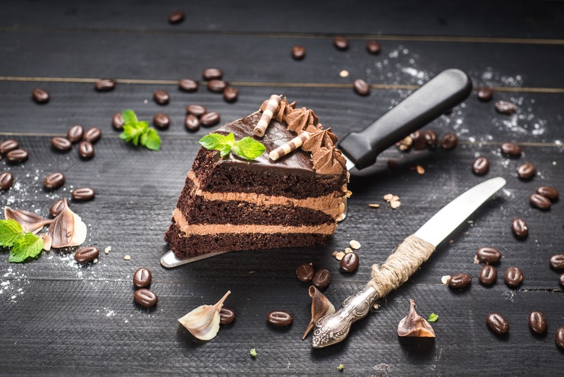 still life, food, sweets, cake, coffee beans, table knife, mint leaves