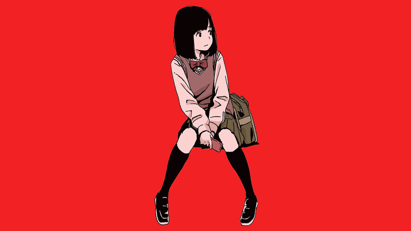 anime, manga, anime girls, simple background, minimalism, schoolgirl, red background