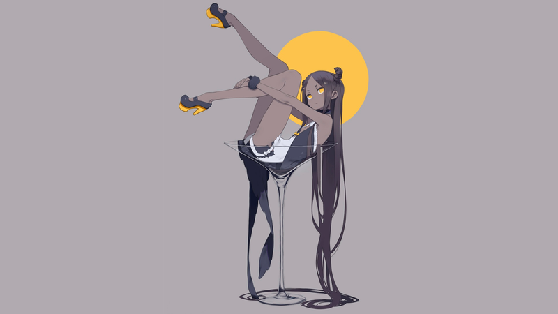 anime, manga, anime girls, simple background, minimalism, demon horns, yellow eyes, long hair, cocktail