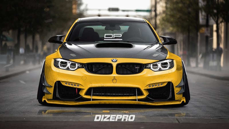 car, vehicle, BMW, Dmitry Strukov, BMW F80/F82/F83, frontal view, middle finger, yellow cars, carbon fiber, street