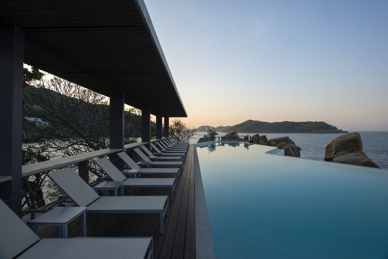 swimming pool, deck chairs, resort, sea, island