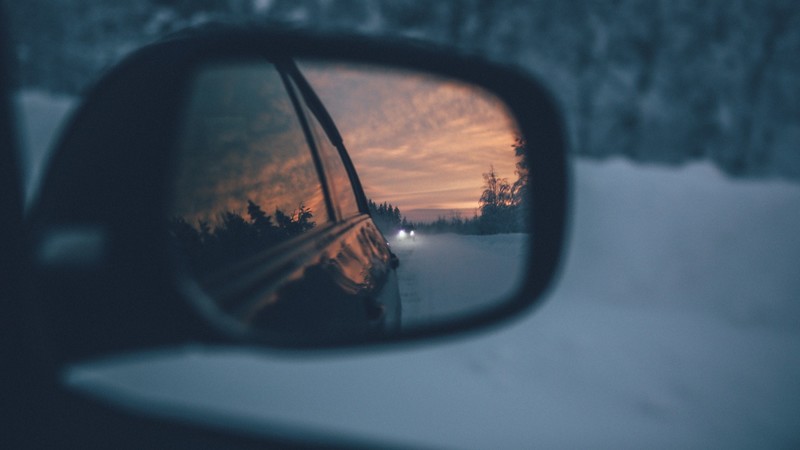 photography, sunset, clouds, evening, trees, rearview mirror, reflection, car, snow, winter, depth of field, pine trees, forest