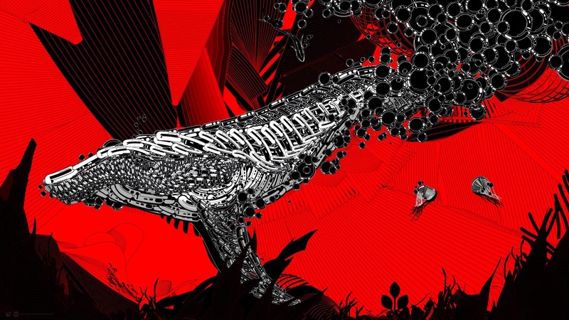Desktopography, Photoshop, digital, artwork, whale, animals, line art, jellyfish, bubbles, red