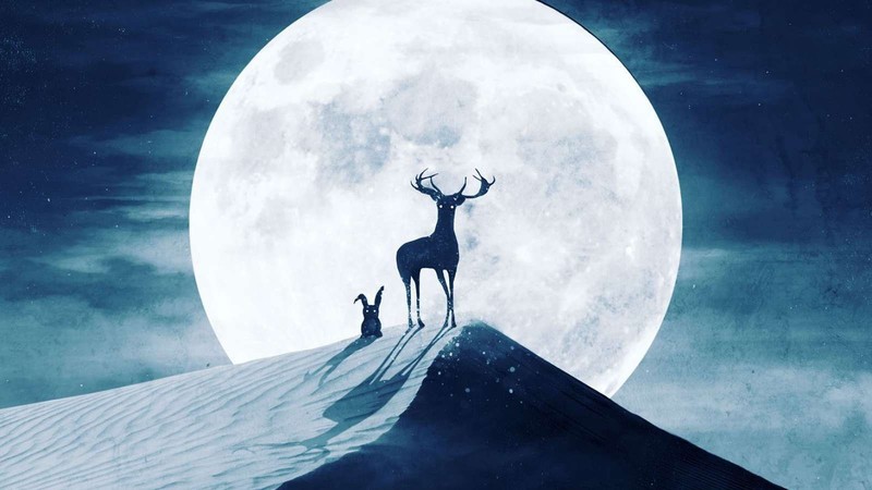 digital art, Moon, deer, desert, rabbits