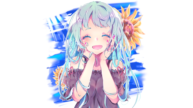 anime, manga, anime girls, simple background, minimalism, blue hair, summer, sunflowers