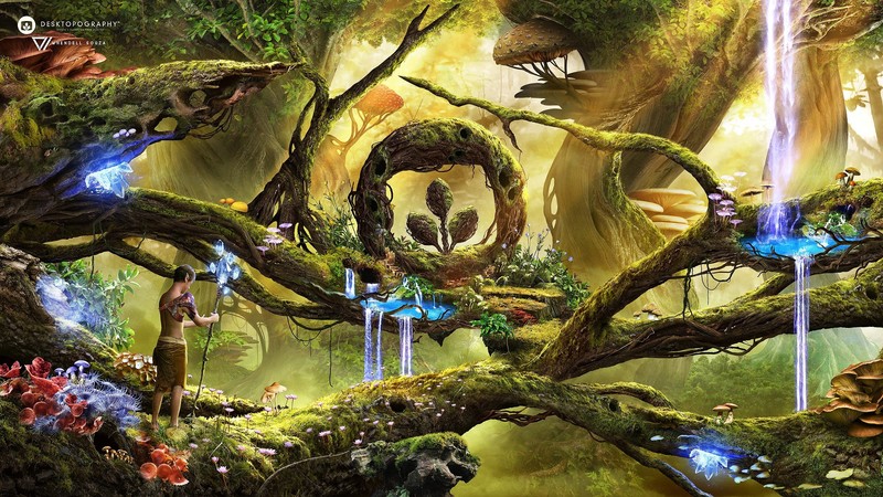 Desktopography, digital, Photoshop, nature, jungle, Tarzan, waterfall, blossom, mushroom