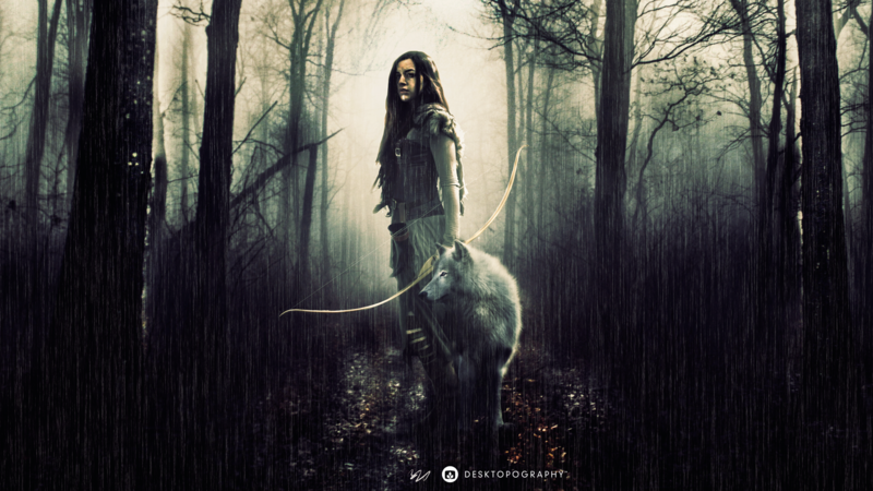 Desktopography, Photoshop, digital, fantasy art, hunt, wolf, Huntress, hunter, forest, rain, people, hunting, crossbow, crossbows