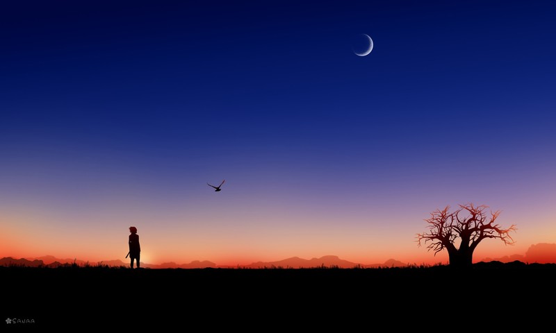 illustration, minimalism, digital art, anime, landscape, fan art, warrior