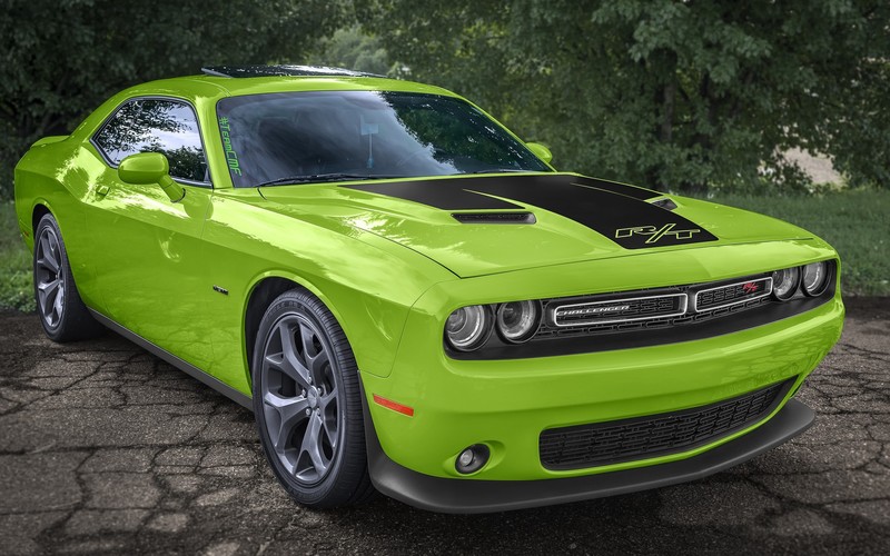 Dodge Challenger, vehicle, green cars, front angle view