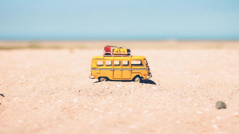 bus, toy, sand, beach, yellow, 4k