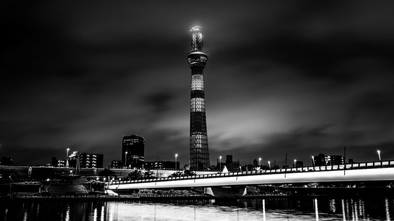 tower, building, bw, night city, architecture, 4k