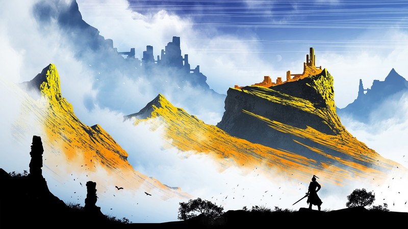 artwork, illustration, mountains, fantasy art, sunset, Kvacm