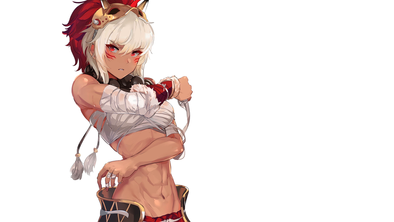 anime, manga, anime girls, simple background, white hair, fantasy girl, red eyes, abdominals, muscular, Fire Emblem, headdress, Rinkah