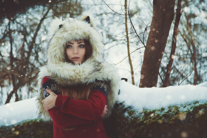 women, forest, winter, wolf ears, fur, red sweater, snow, eyes, arms crossed, long hair