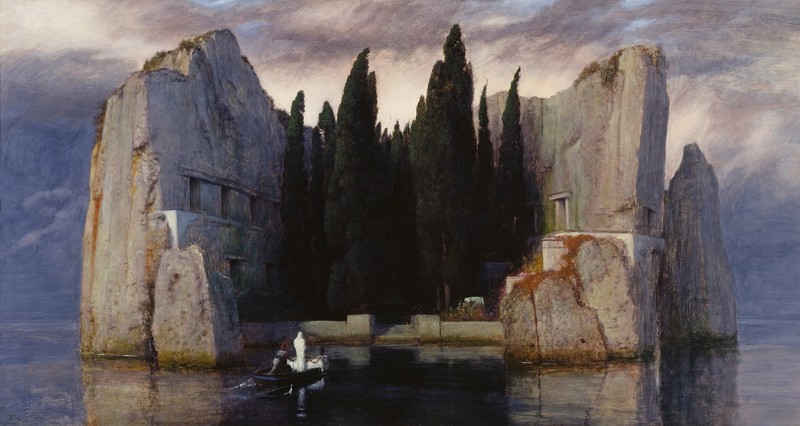 artwork, Arnold Böcklin, boat, island, water, trees, oil painting, painting