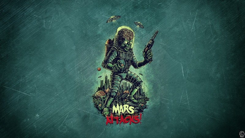 artwork, Mars Attacks, science fiction, humor