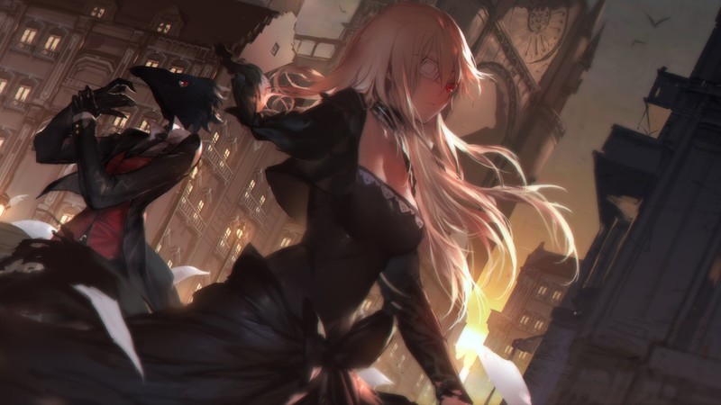 anime girls, anime, blonde, long hair, city