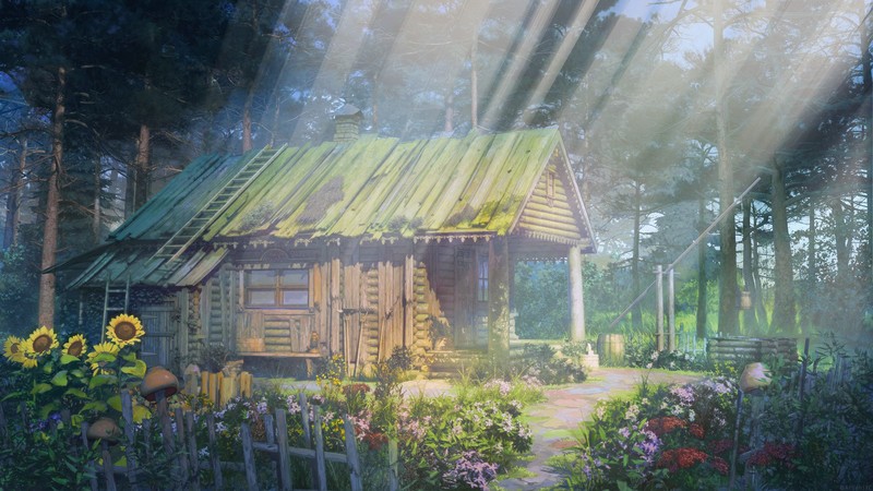 artwork, digital art, concept art, landscape, nature, bridge, forest, cabin