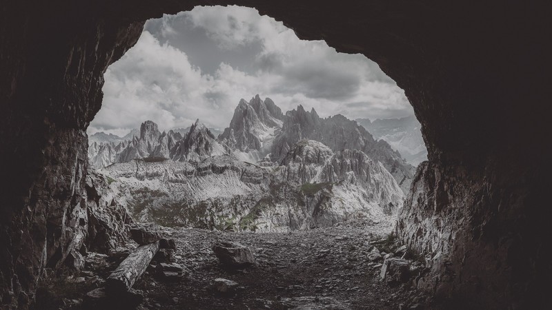 landscape, mountain pass, cave, gray, rock, mountains