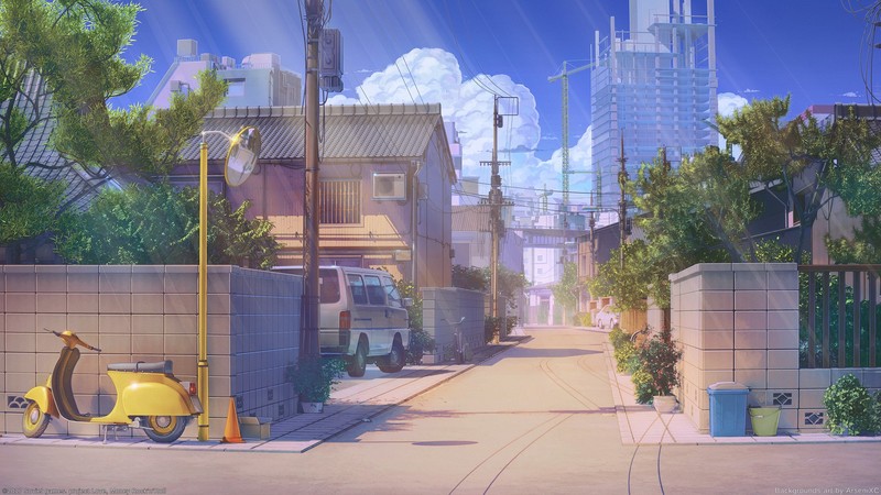 digital art, artwork, landscape, cityscape, city, urban, sky, clouds, ArseniXC, Vespa, FLCL