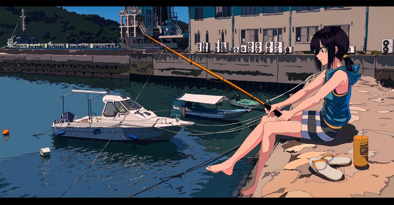 digital art, artwork, anime girls, landscape, cityscape, lake, sea, city, urban