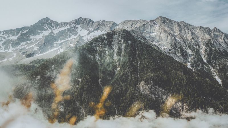 mountain, peak, fog, sky, clouds, 4k