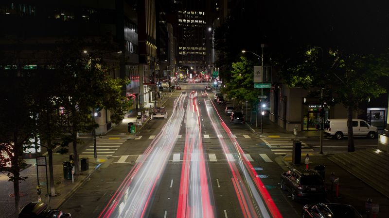 night city, city lights, long exposure, 4k