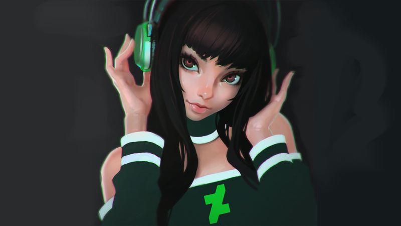 digital art, artwork, anime girls, schoolgirl, headphones, brunette