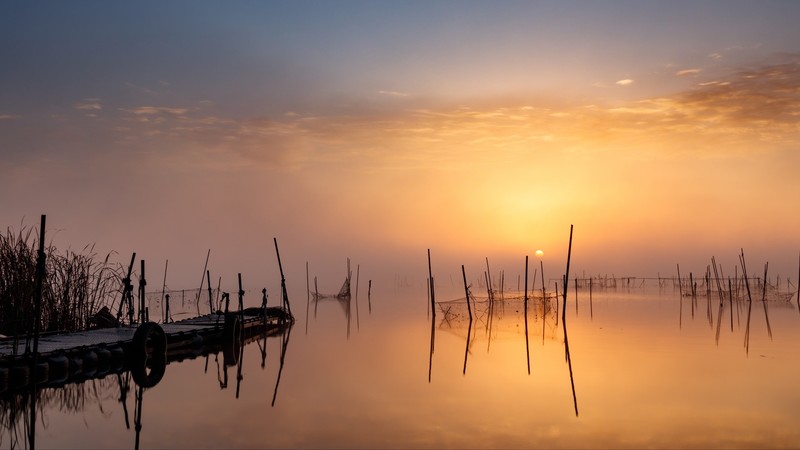 pier, sunset, lake, Japan, mist, Sun, calm waters, reflection, calm, yellow