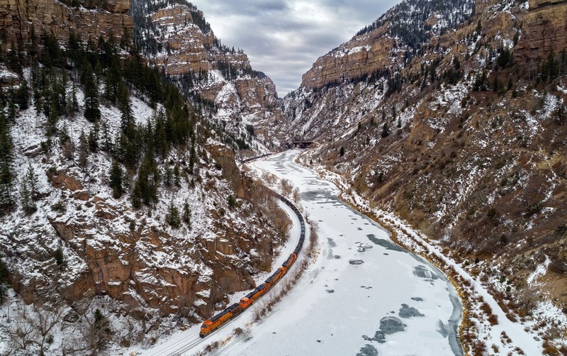 mountains, nature, landscape, railway, train, snow, winter, rock, ice, canyon, gorge