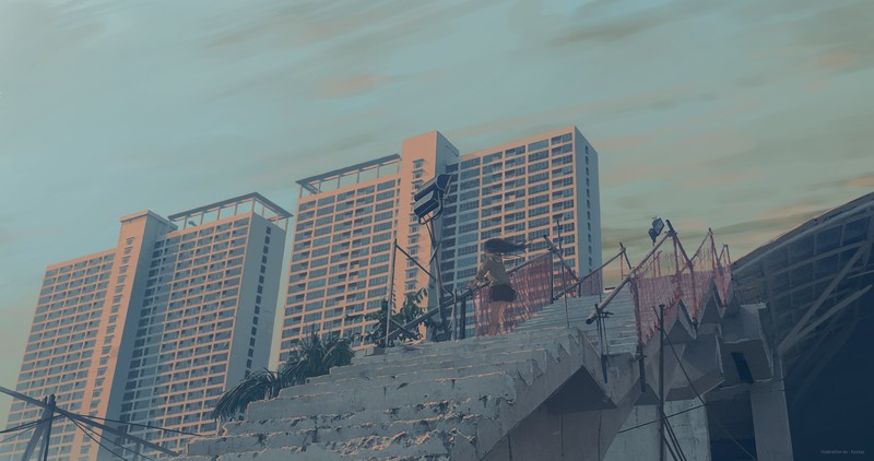 building, staircase, stairs, wind, sky, clouds, anime, anime girls, original characters