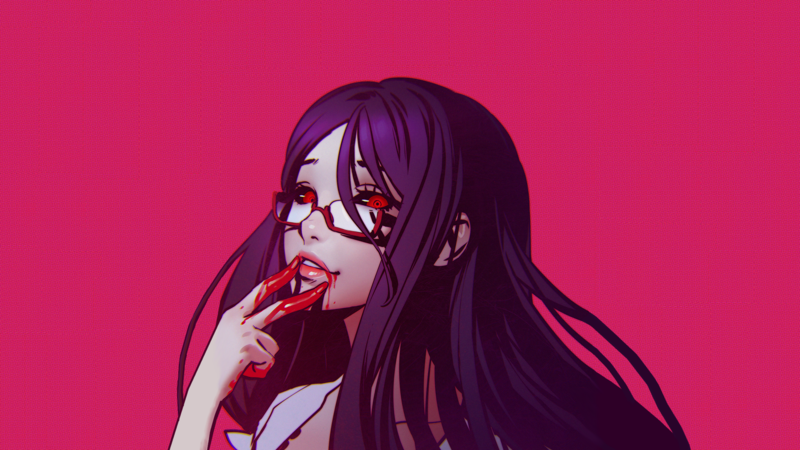 digital art, fantasy art, artwork, women, anime girls, schoolgirl, ghoul, blood, horror, glasses, red eyes, violet hair, Tokyo Ghoul, Kamishiro Rize, Ilya Kuvshinov