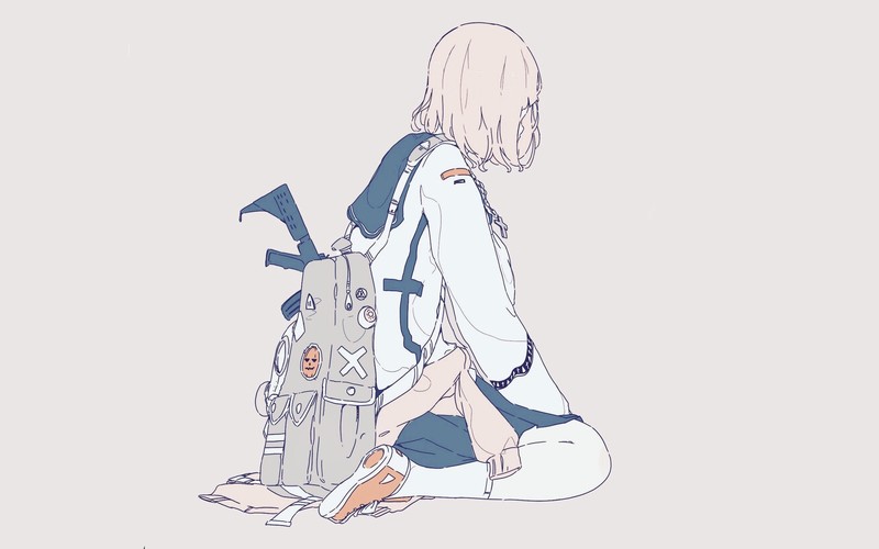 simple background, original characters, weapon, backpacks