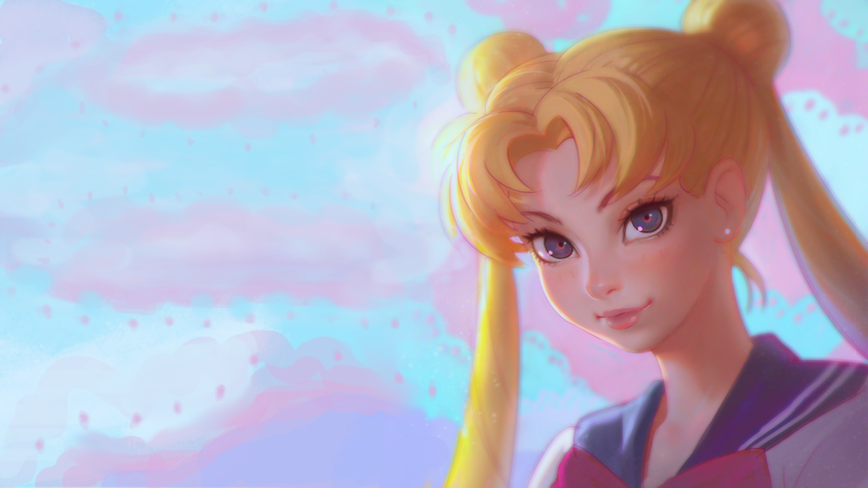 digital art, fantasy art, artwork, women, anime girls, schoolgirl, blonde, sky, school uniform, blue eyes, magic, Sailor Moon, Ilya Kuvshinov