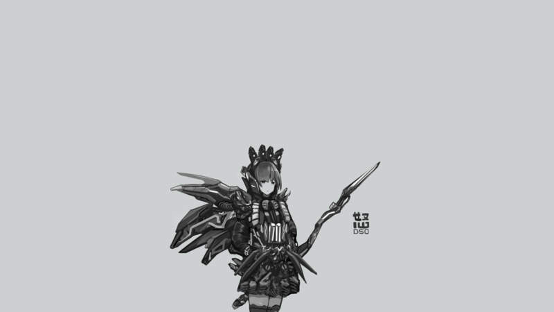 digital art, anime girls, fantasy art, artwork, original characters, weapon, spear, Armored, minimalism, monochrome, short hair