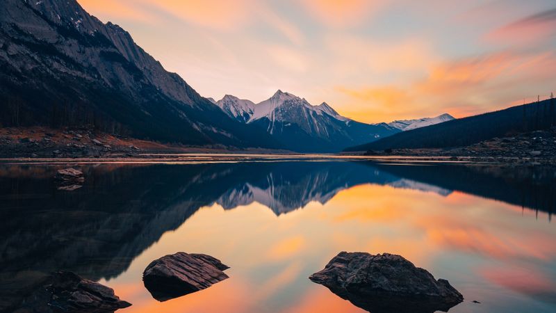 mountains, lake, stones, snowy, sunset, 4k