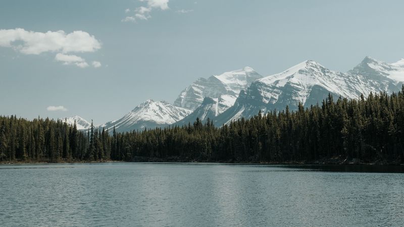 mountains, lake, trees, sky, landscape, 4k