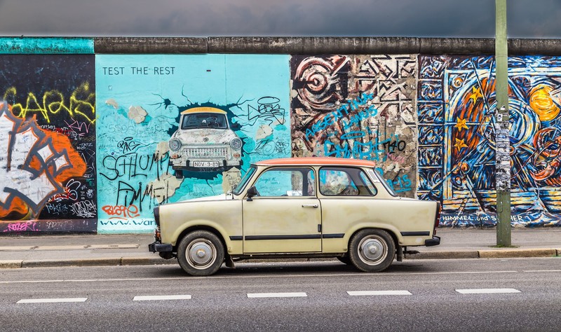 car, Trabant, DDR, East Germany, vehicle, street, parking, road, wall, graffiti, artwork, asphalt, cyan