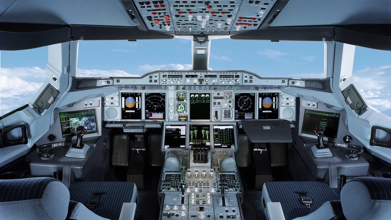 airplane, technology, cockpit, chair, buttons, joystick, Airbus A350, Airbus
