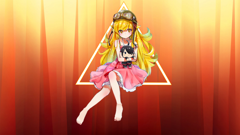 anime, anime girls, white skin, picture-in-picture, Monogatari Series, Oshino Shinobu, blonde, blond hair, pink dress, loli, fan art, orange, abstract