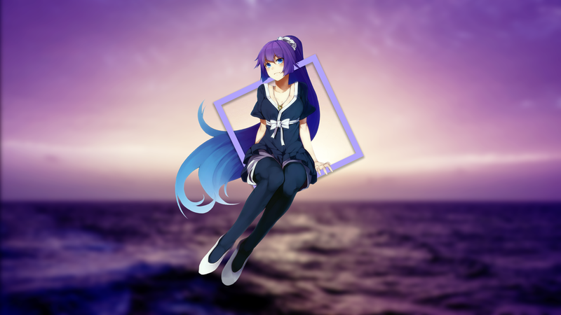 anime, anime girls, white skin, picture-in-picture, dark hair, landscape, Senjougahara Hitagi, sea, Monogatari Series, black stockings, purple hair, casual, fan art, purple, purple background