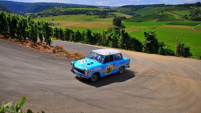 car, Trabant, DDR, East Germany, vehicle, nature, landscape, race cars, blue cars, road, hill, field