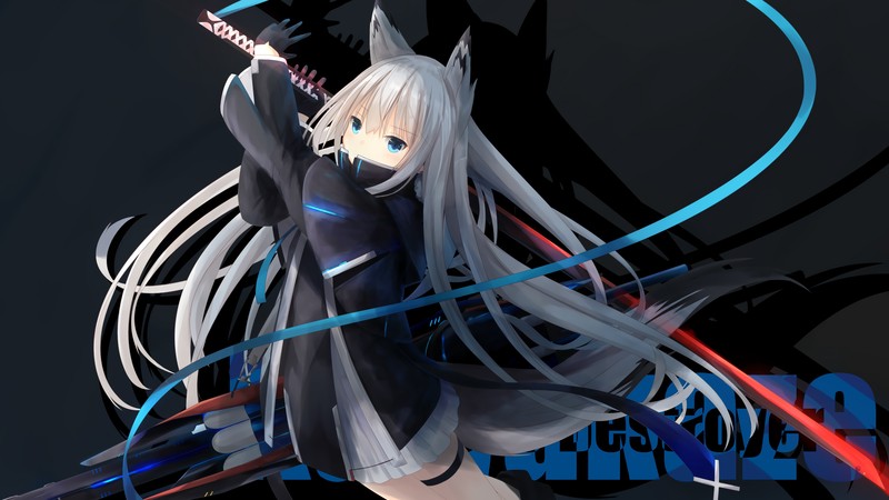 anime girls, fox girl, katana, digital art, drawing, silver hair