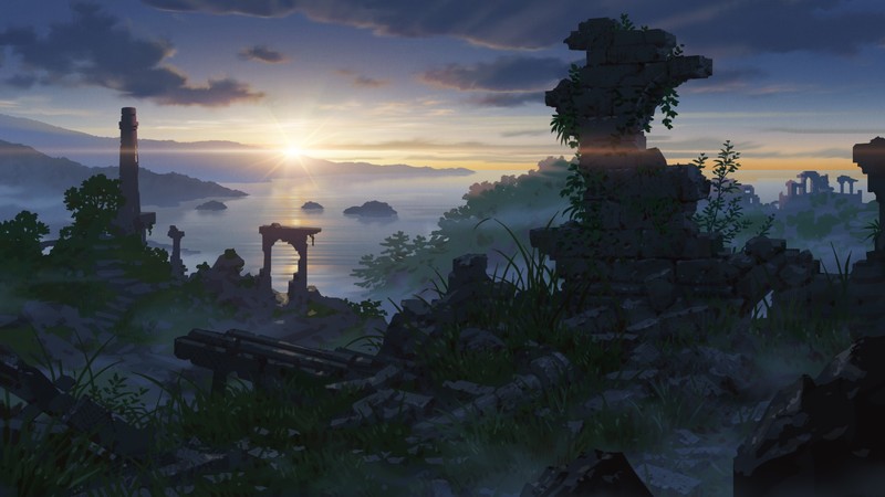 digital art, artwork, landscape, cityscape, hill, rock, nature, ruin, ancient, sunset, mist, lake, sea, sky, water