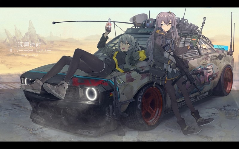 digital art, artwork, landscape, cityscape, anime girls, futuristic, science fiction, rifles, desert, war, vehicle, apocalyptic, Girls Frontline, Chevrolet Camaro, car, colored wheels