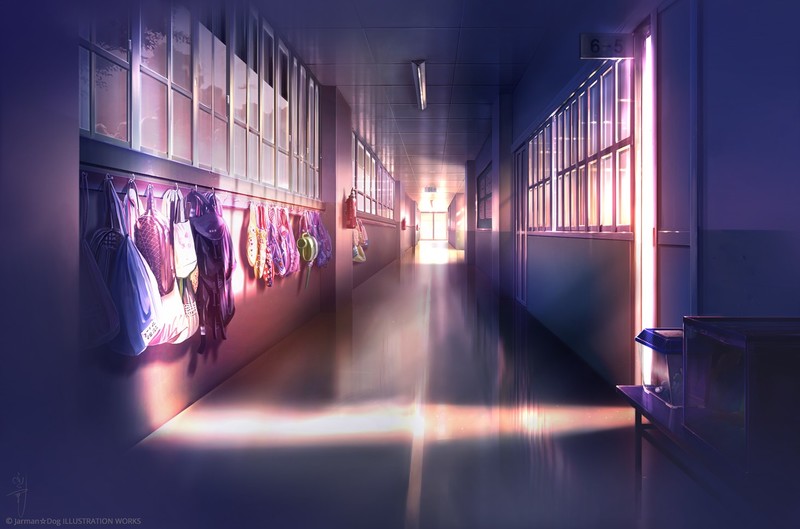 digital art, artwork, interior, school, bag, empty, hallway, sunlight, room