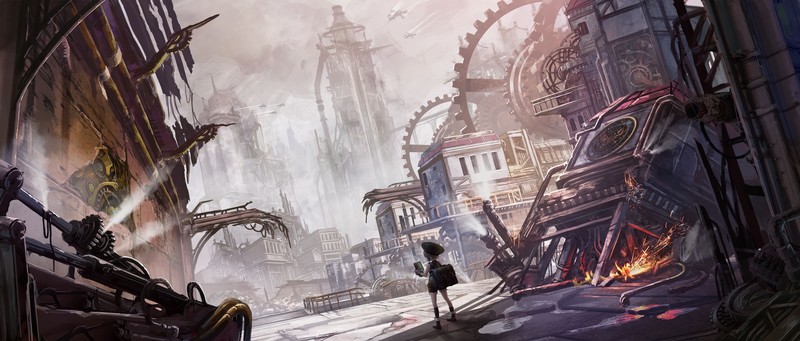 digital art, artwork, landscape, cityscape, anime girls, futuristic, steampunk, aircraft, industrial, city, urban, apocalyptic, science fiction