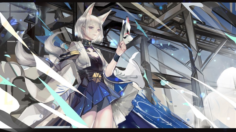 anime, anime girls, animal ears, white hair, fox mask, gray eyes, fox girl, Kaga (Azur Lane), Azur Lane